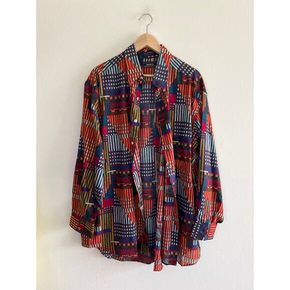 VINTAGE | Marcus by Neiman Marcus Linen Blend Abstract Pattern Button-Down Shirt - Picture 4 of 16